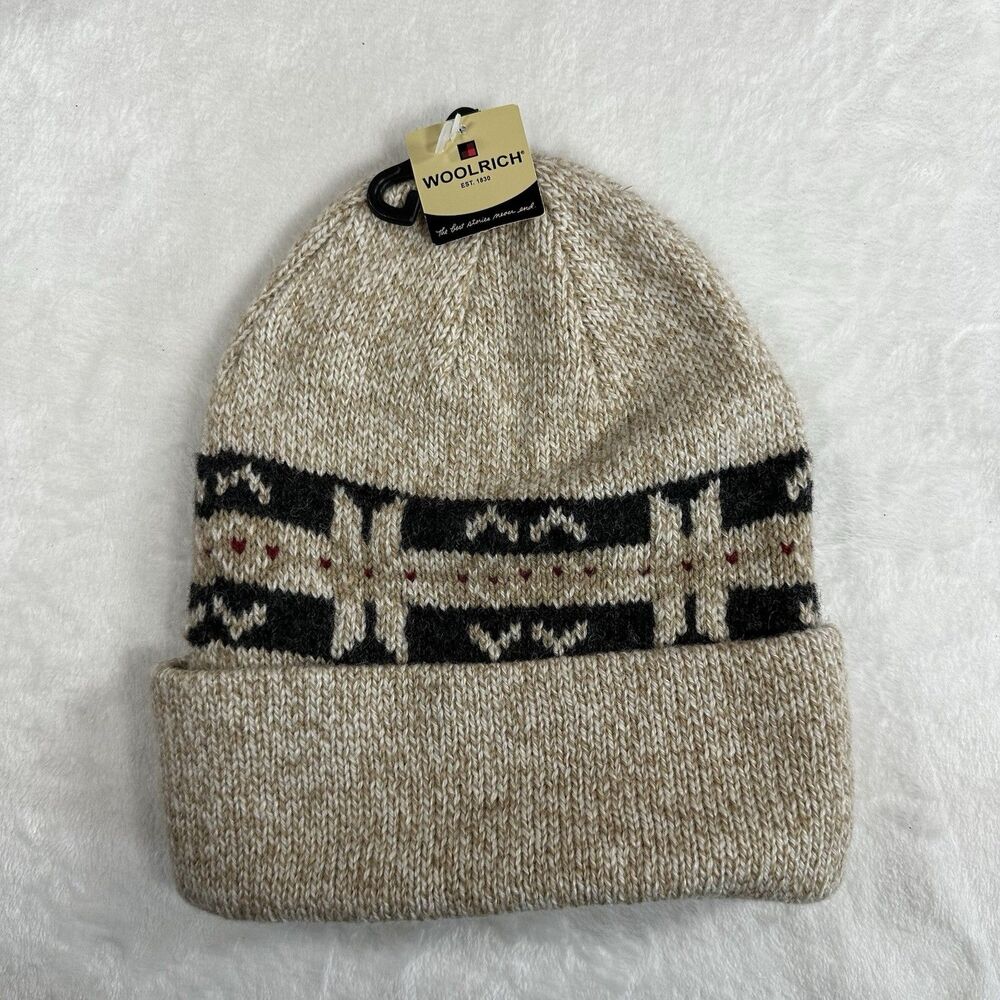 New Woolrich Beanie Hat Wool Blend Knit Cream Pattern Winter Cap One‎ Size